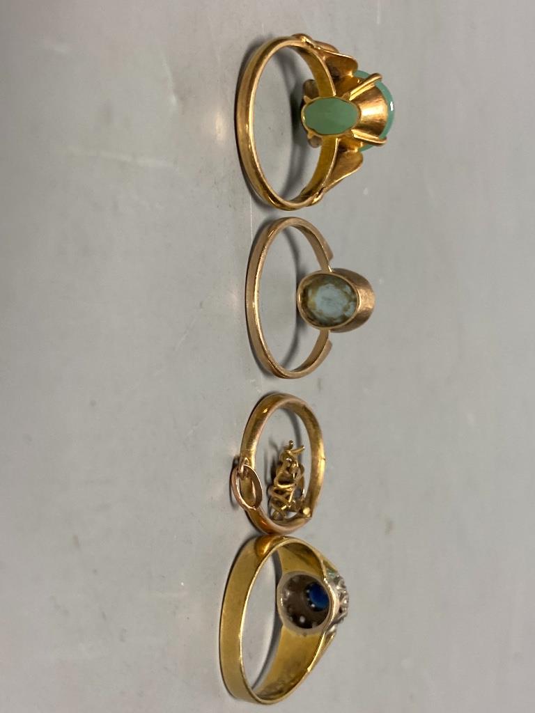 A yellow metal (stamped 14k) and green cabochon set ring, size N, gross 3.7 grams, a 9ct ring and spider pendant, gross 2.7 grams and one other yellow metal, sapphire and diamond ring (stone missing), gross 4.2 grams.